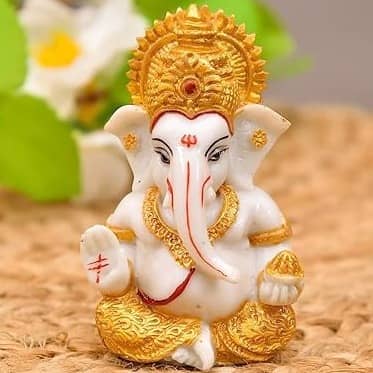 Polyresin Hand Printed Golden White Ganesh Ji Idol
