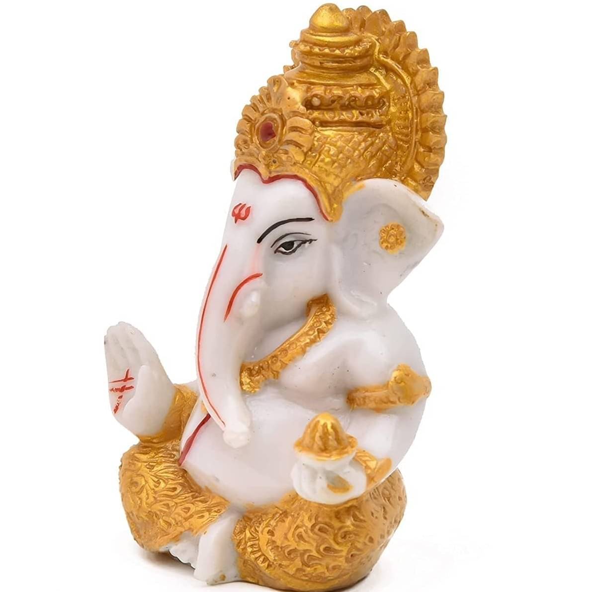 Polyresin Hand Printed Golden White Ganesh Ji Idol