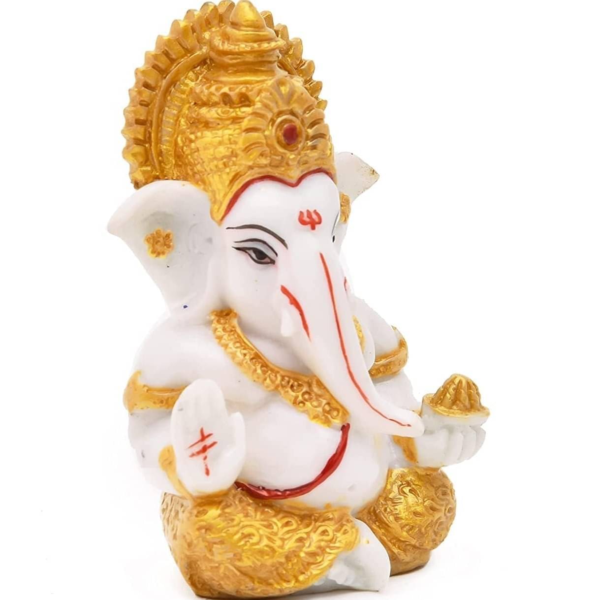 Polyresin Hand Printed Golden White Ganesh Ji Idol
