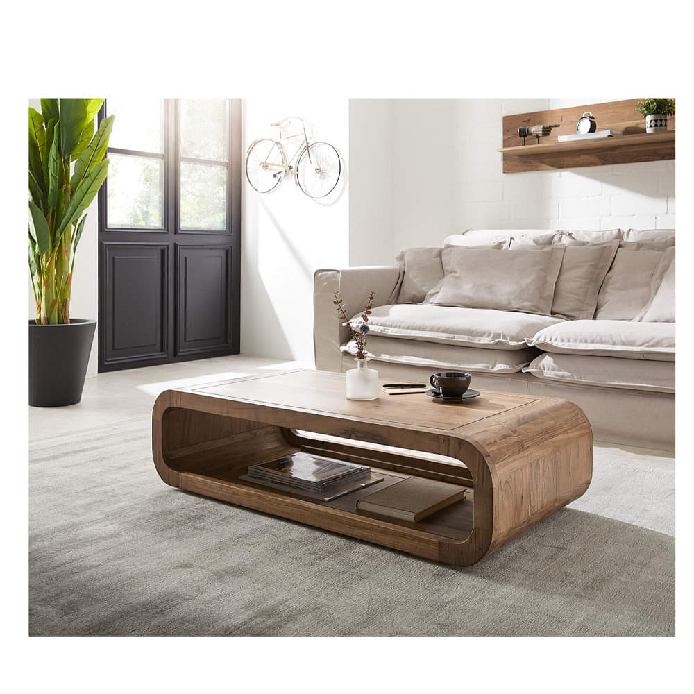 Solid Acacia Wood Coffee Table | Wooden Sofa Table with Open Storage |Center Table for Drawing Room | Coffee Table for Living, Natural Finish - photo