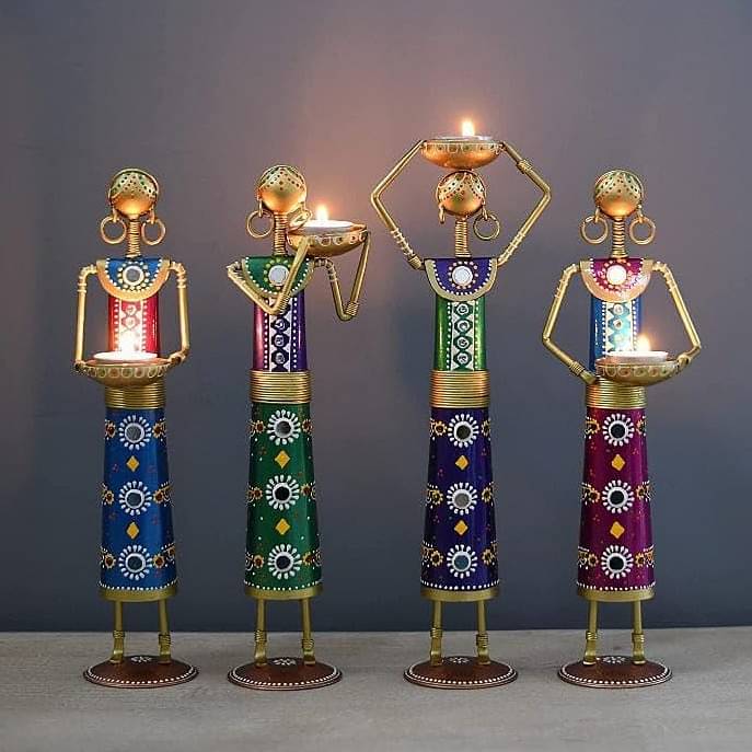 Tribal Lady Worker Statue Figurine Set of 4 Tea Light Candle Stand