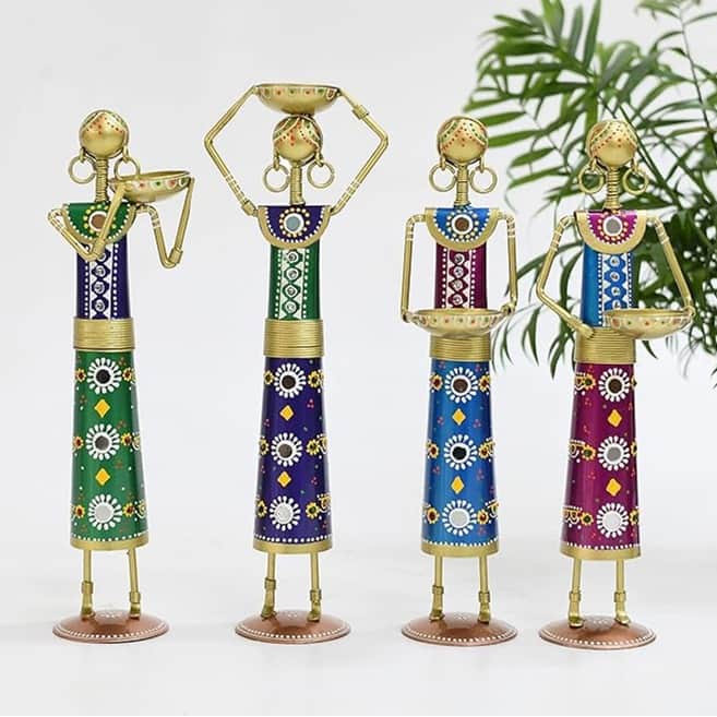 Tribal Lady Worker Statue Figurine Set of 4 Tea Light Candle Stand - front_view