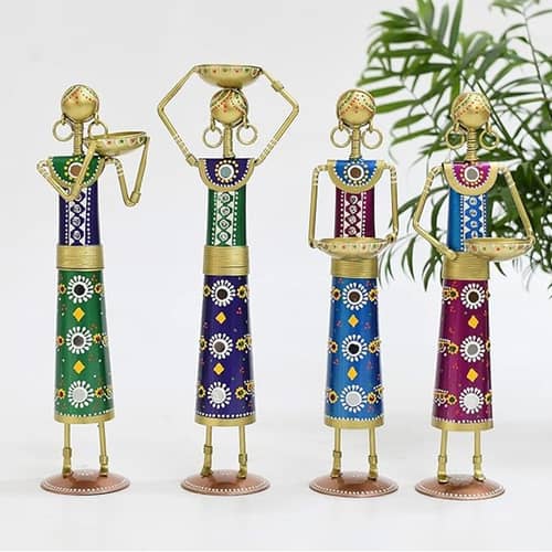 Tribal Lady Worker Statue Figurine Set of 4 Tea Light Candle Stand
