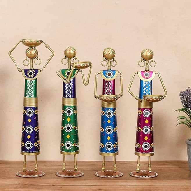 Tribal Lady Worker Statue Figurine Set of 4 Tea Light Candle Stand - top_view