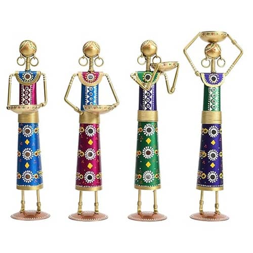 Tribal Lady Worker Statue Figurine Set of 4 Tea Light Candle Stand