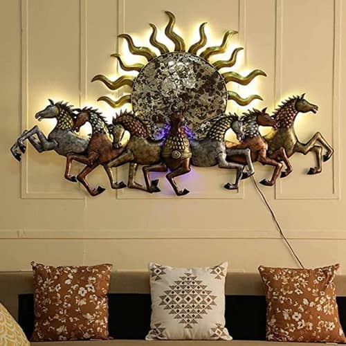 Tauras Antique Metal 7 Running Horses With Led Wall Décor