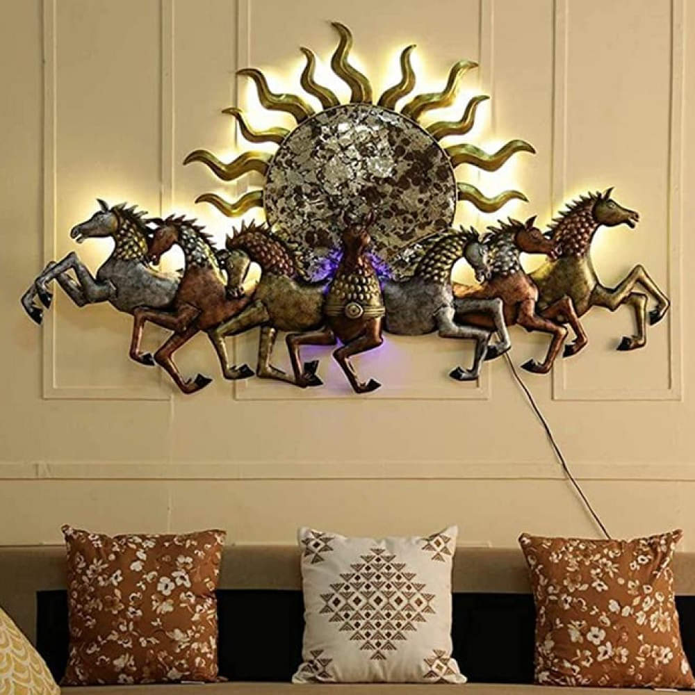 Tauras Antique Metal 7 Running Horses With Led Wall Décor - photo