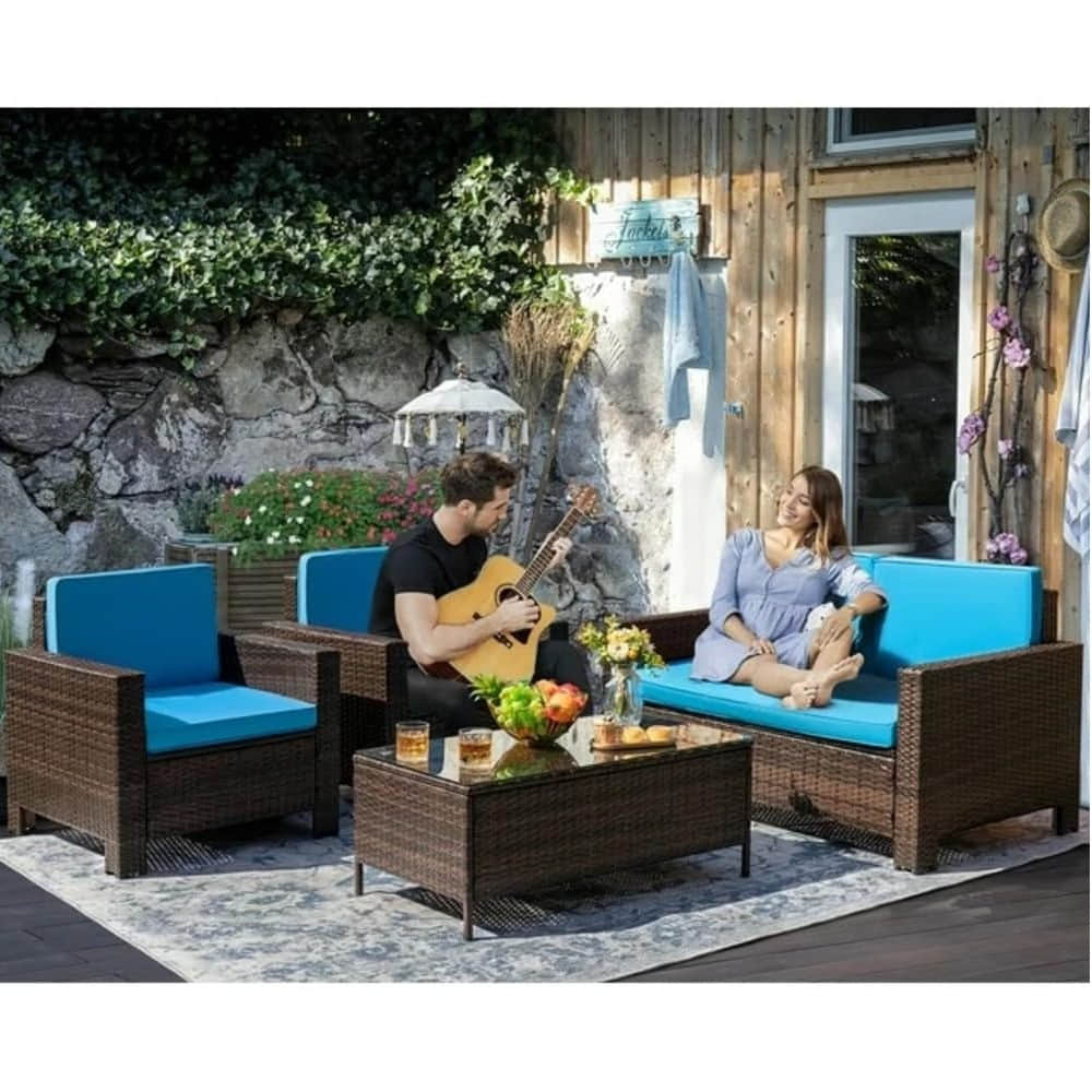 Argo Wicker Outdoor Patio Furniture Set with Table (Blue) - photo