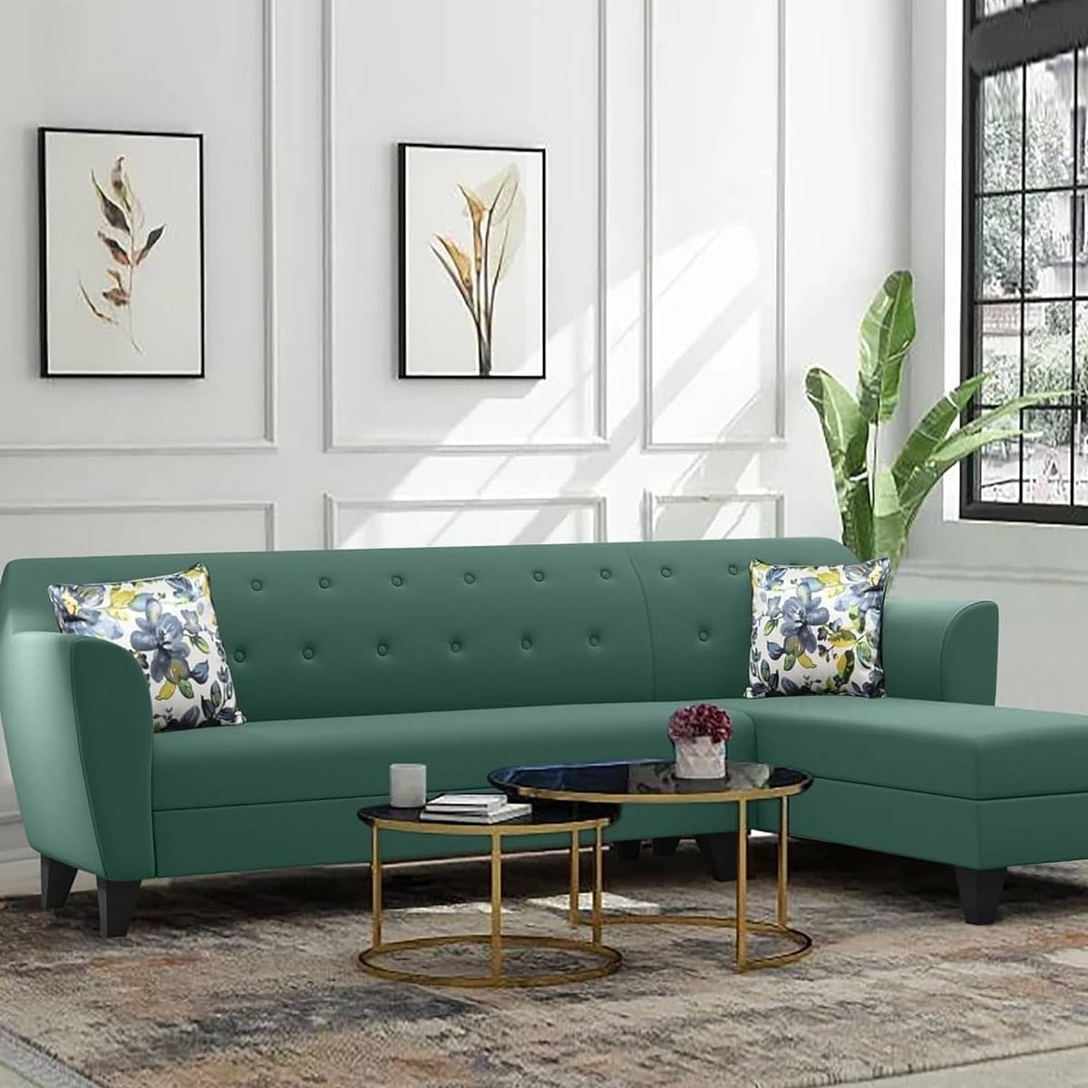 Jack | Velvet LHS Sectional Sofa in Green Color