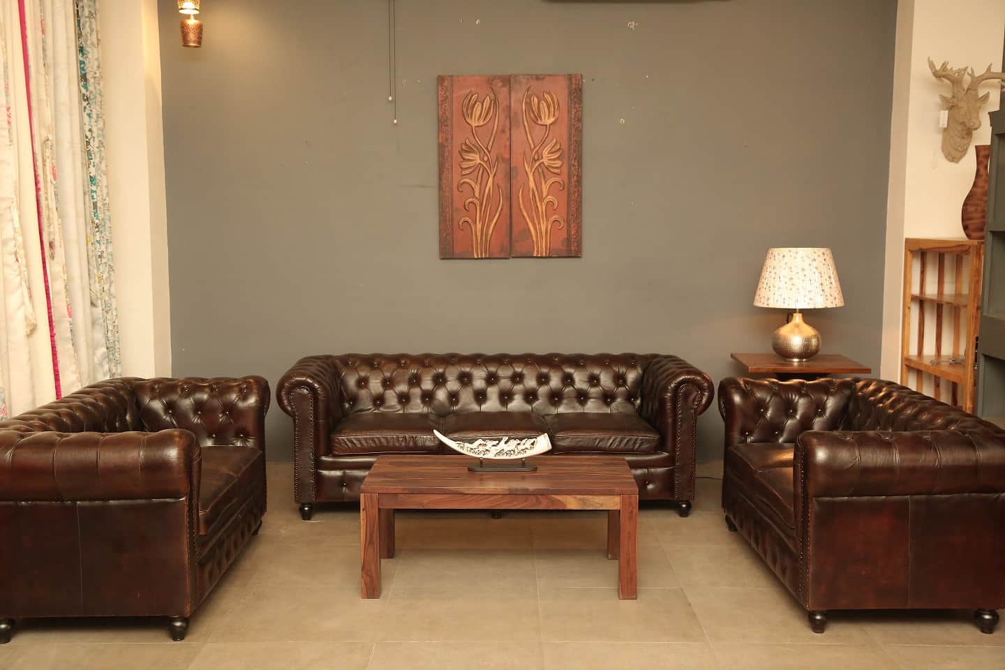 Buff Leather Chesterfield Sofa (3+2+2 Seater) - front_view