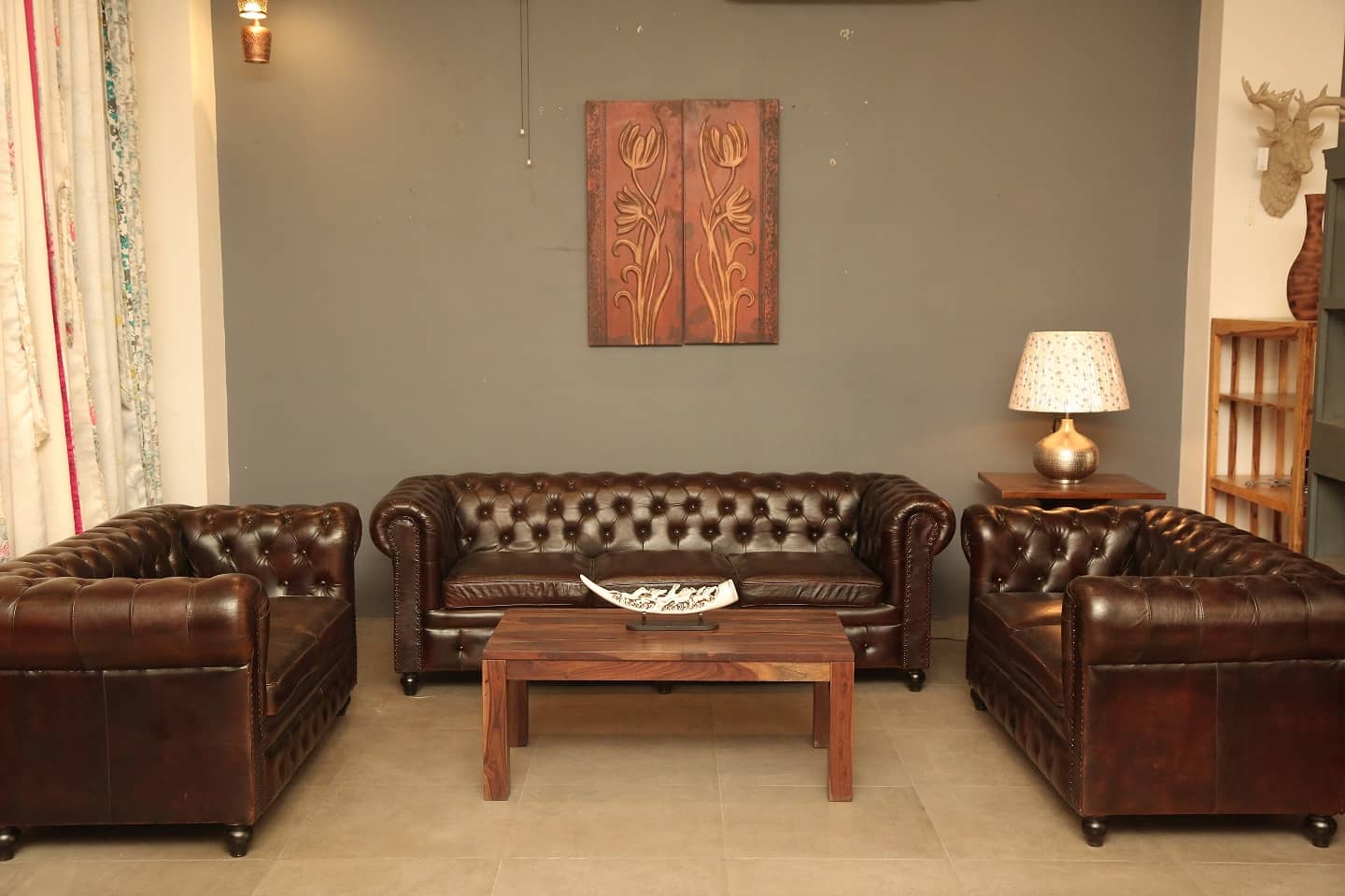 Buff Leather Chesterfield Sofa (3+2+2 Seater)