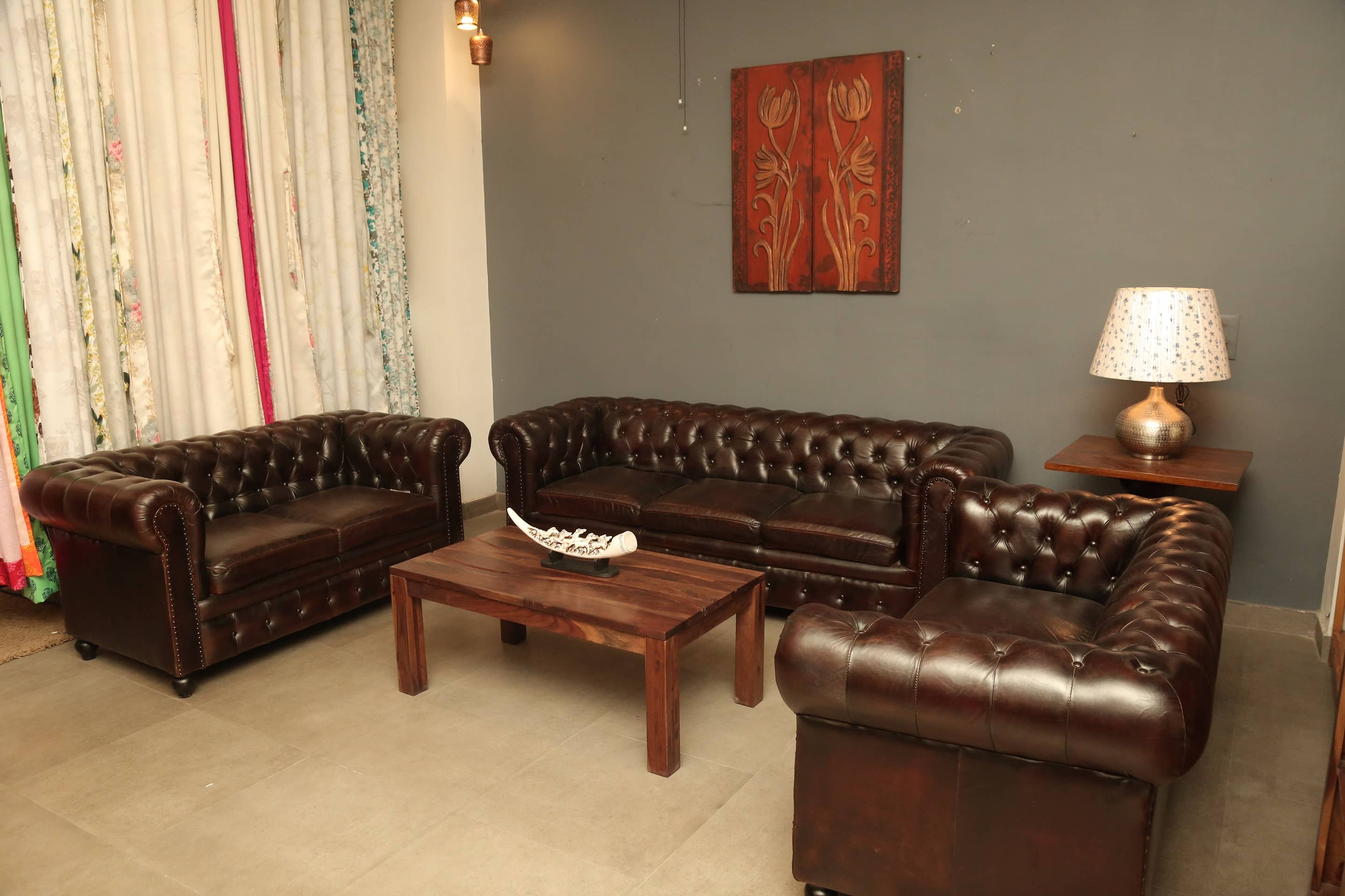 Buff Leather Chesterfield Sofa (3+2+2 Seater)