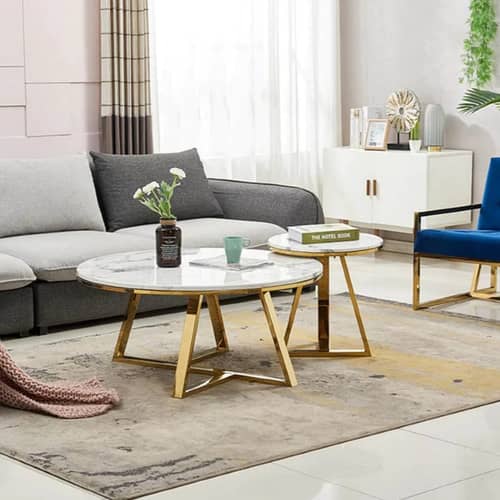 Vinca Round White Marble Top Coffee Table (Set of 2)