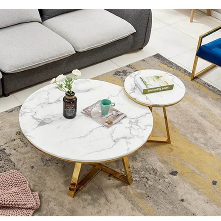 Vinca Round White Marble Top Coffee Table (Set of 2)
