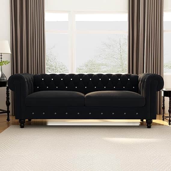 Daroo Velvet Fabric 3 Seater Sofa in Black Color - front_view
