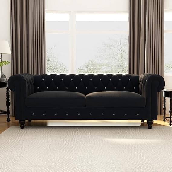 Daroo Velvet Fabric 3 Seater Sofa in Black Color