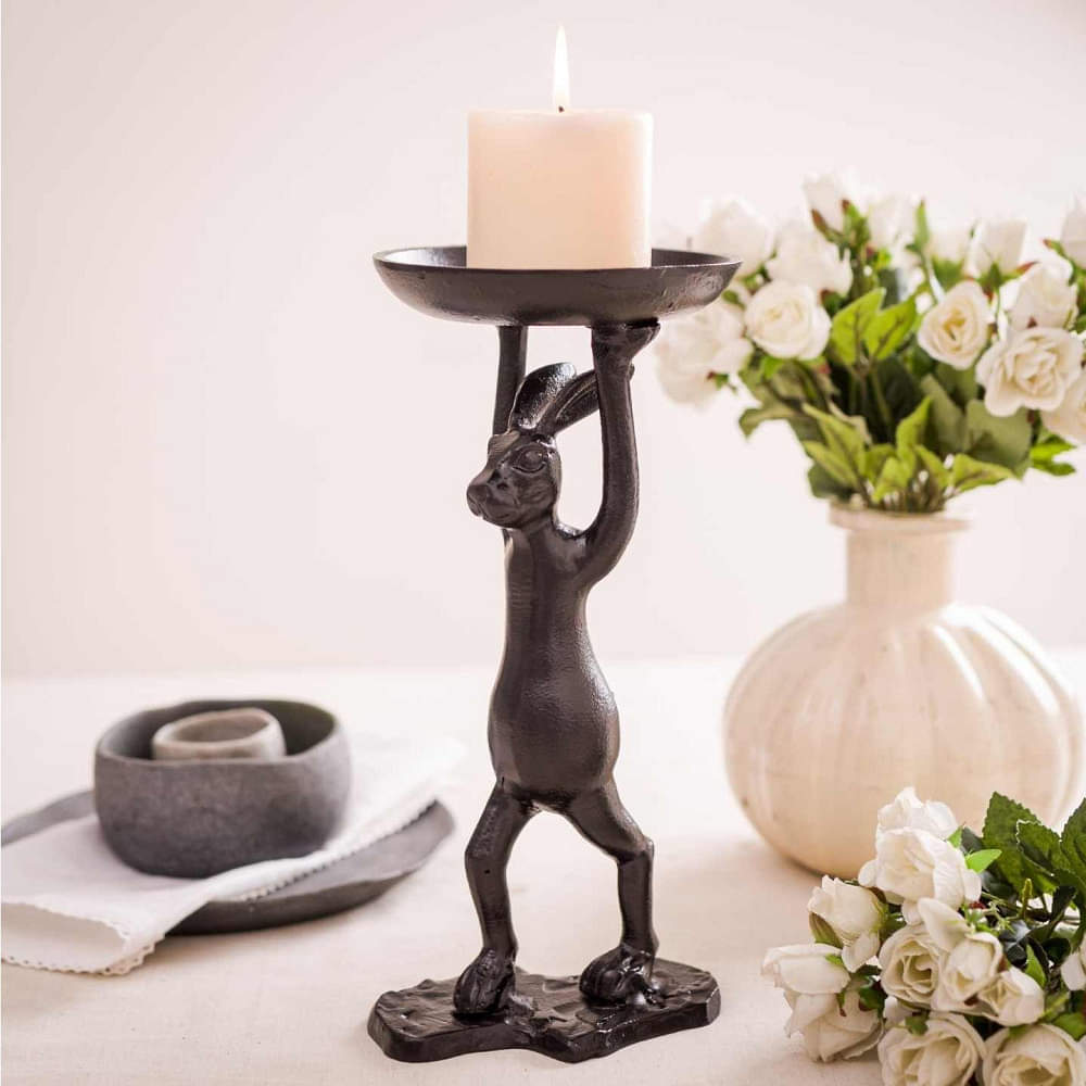 Pecos Metal Rabbit Candle Holder in Black Color - photo