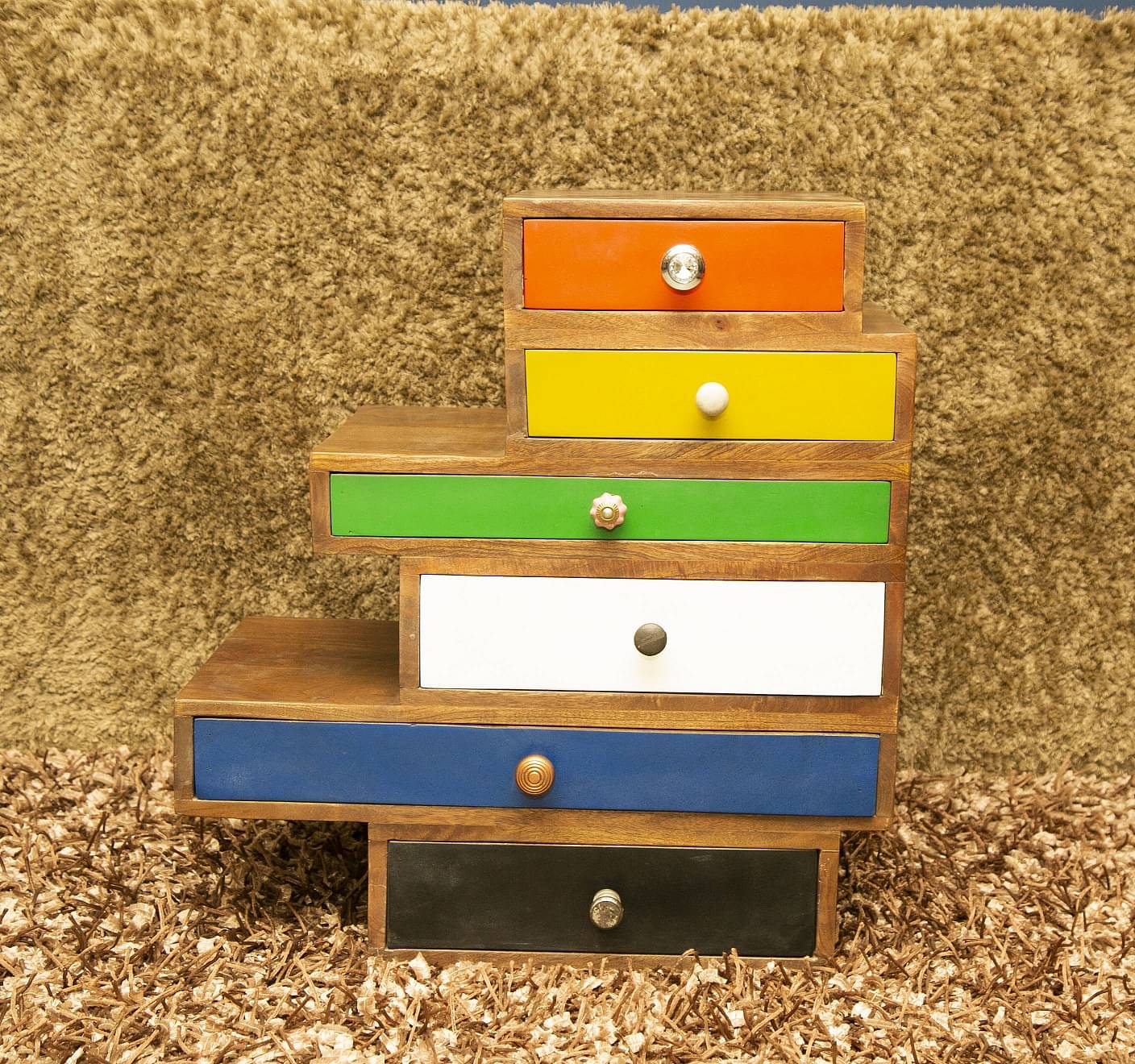 5 Drawer Wooden Side Table With Walnut Finish