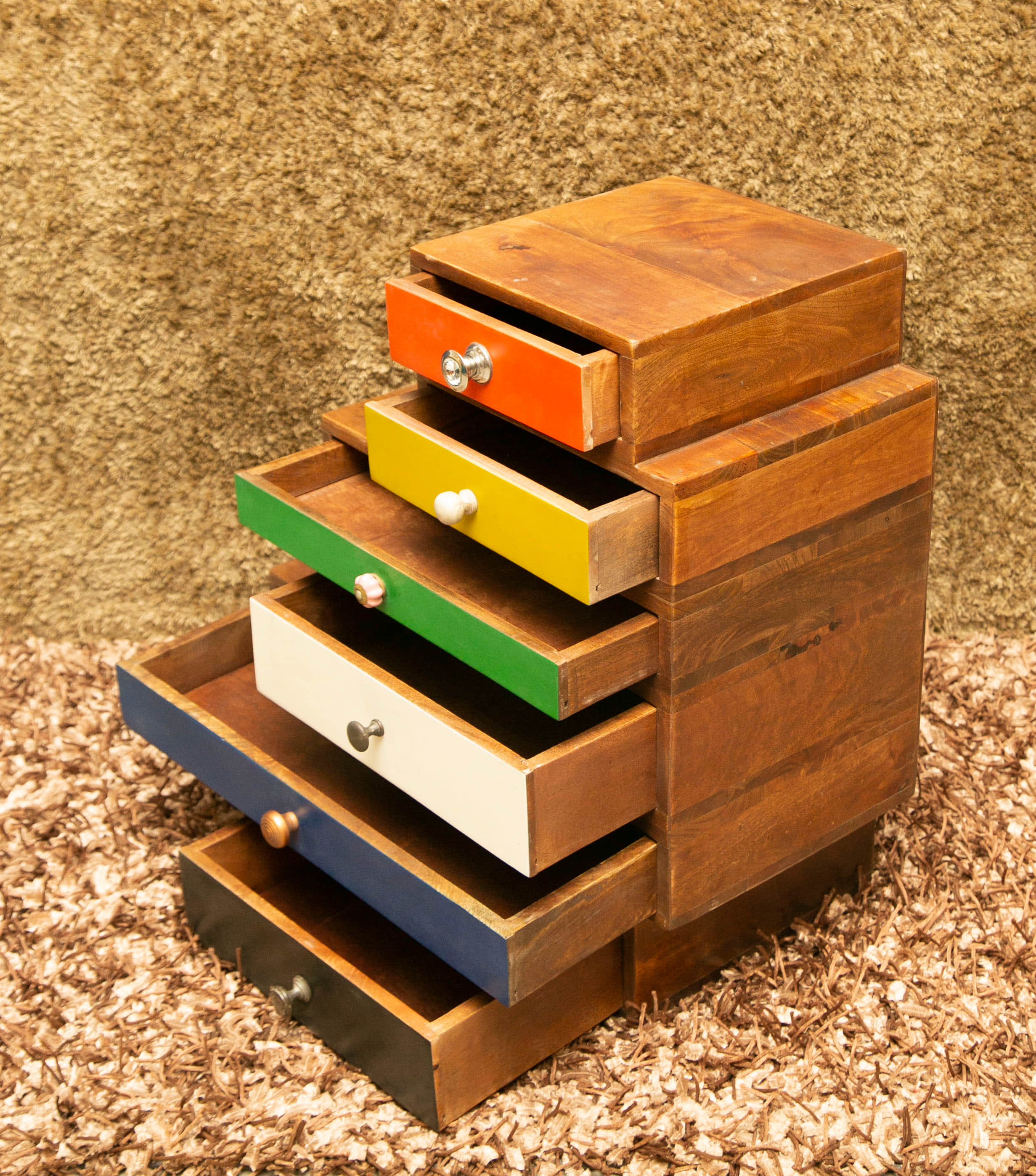 5 Drawer Wooden Side Table With Walnut Finish - top_view
