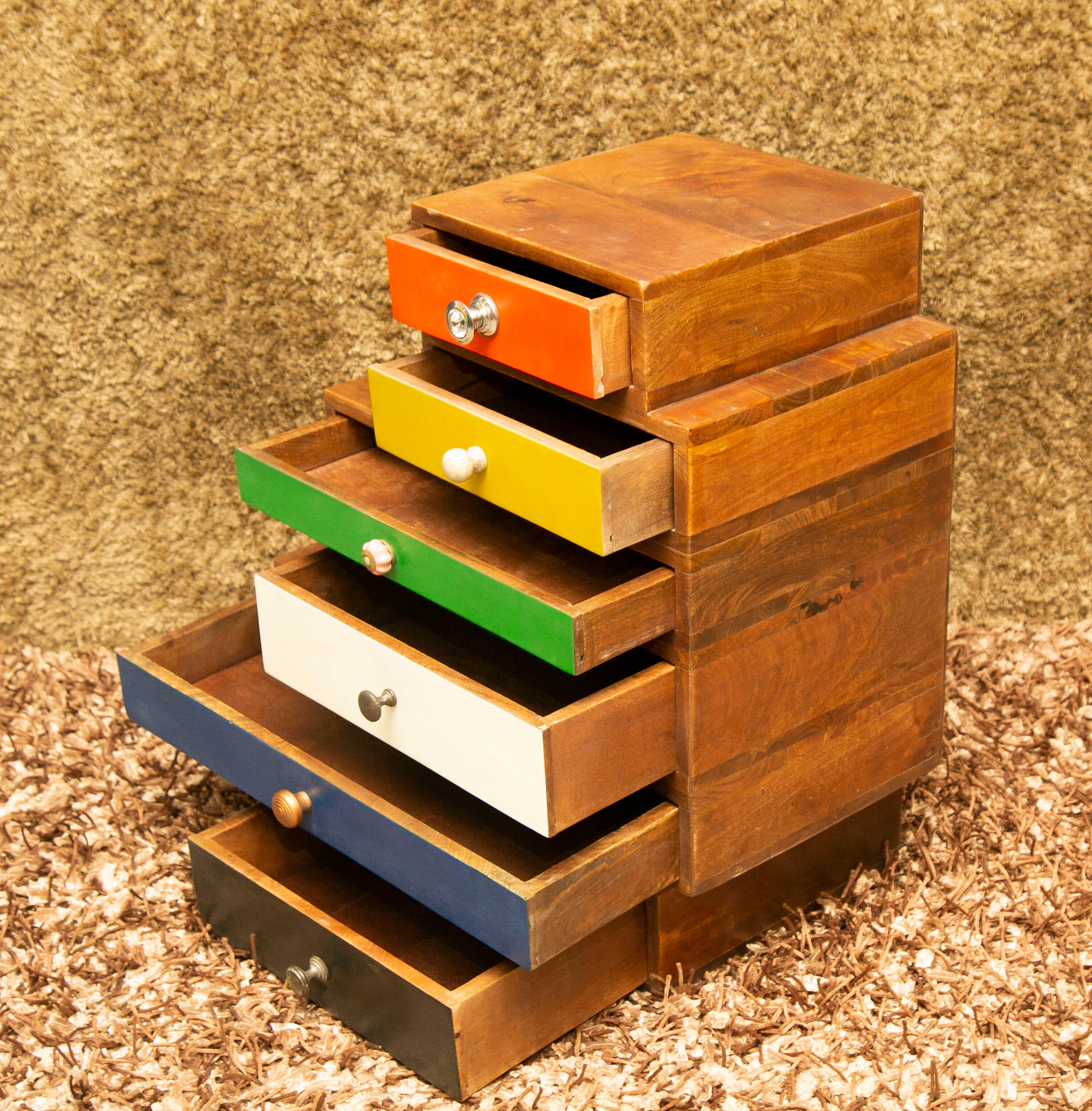 5 Drawer Wooden Side Table With Walnut Finish - rear_view