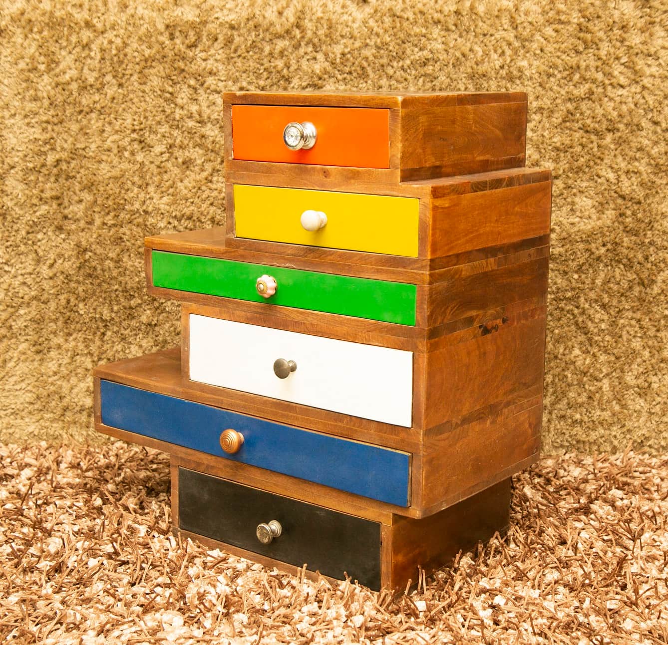 5 Drawer Wooden Side Table With Walnut Finish - left_view