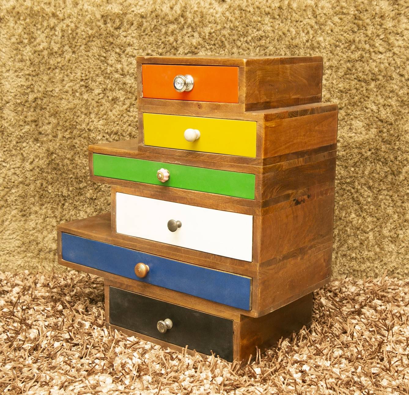 5 Drawer Wooden Side Table With Walnut Finish