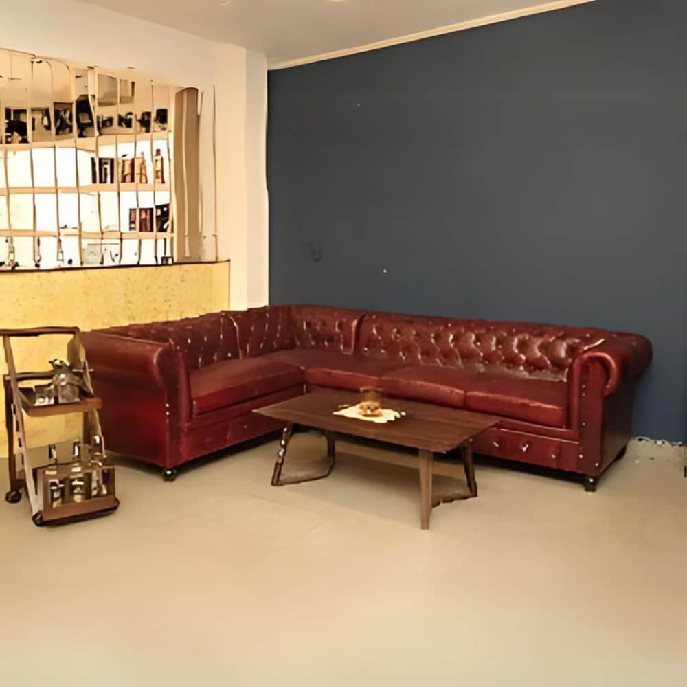 Buff Leather L Shape Chesterfield Sofa - photo