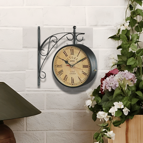 Victoria Iron Dia Retro Double Sided Station Railway Wall Clock (Black, 8 Inch)