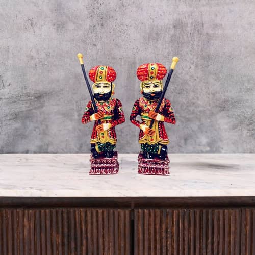 Pair of Rajasthani Handpainted Wooden Darban Statues