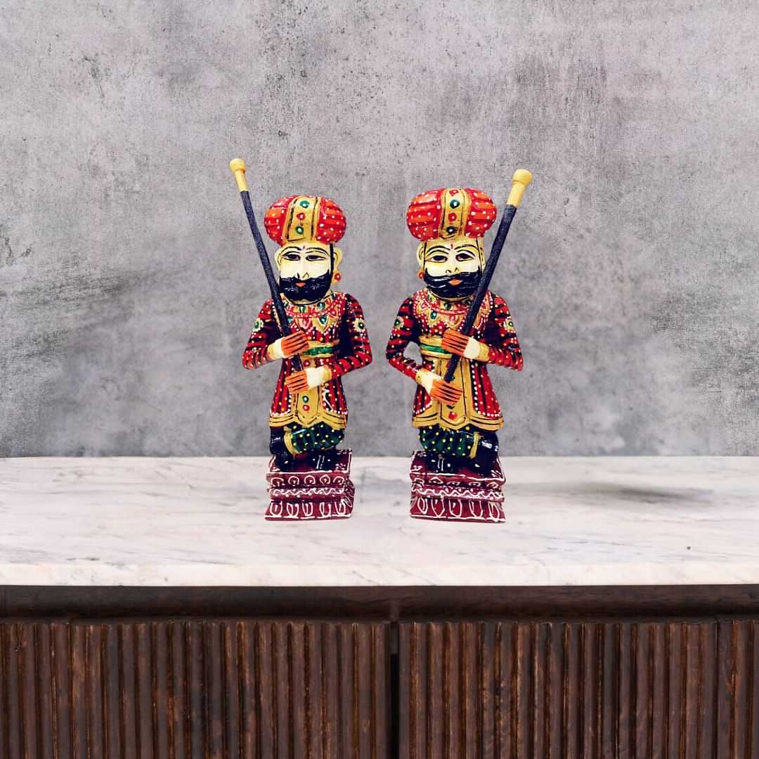 Pair of Rajasthani Handpainted Wooden Darban Statues - photo