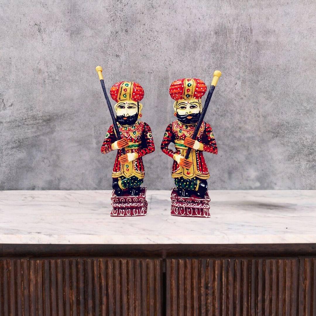Pair of Rajasthani Handpainted Wooden Darban Statues