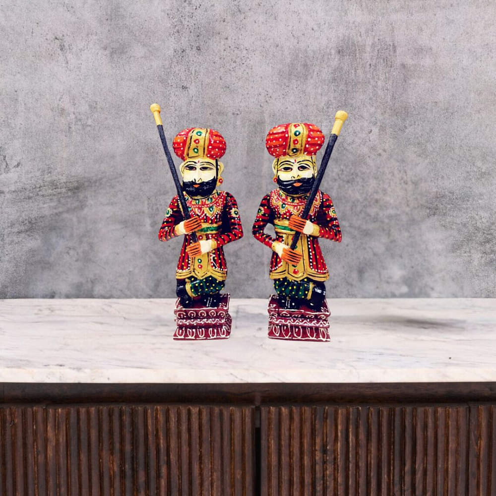 Pair of Rajasthani Handpainted Wooden Darban Statues - photo