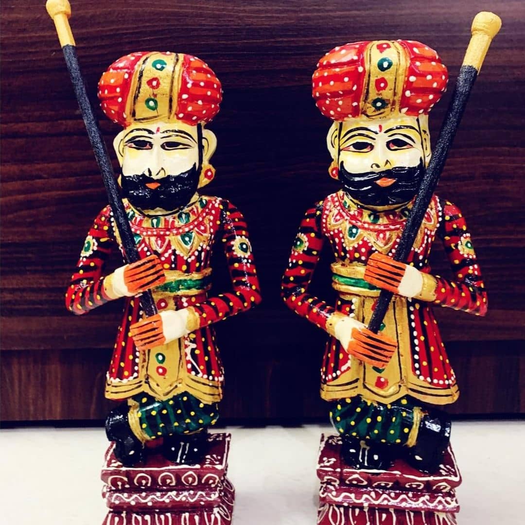 Pair of Rajasthani Handpainted Wooden Darban Statues