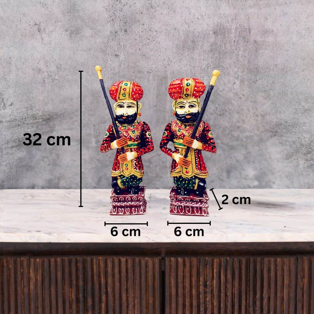 Pair of Rajasthani Handpainted Wooden Darban Statues - top_view