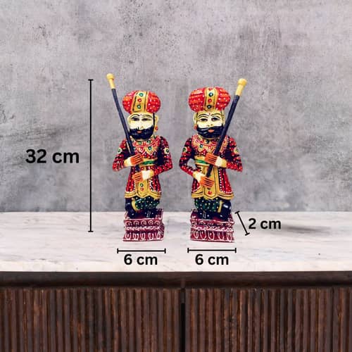 Pair of Rajasthani Handpainted Wooden Darban Statues
