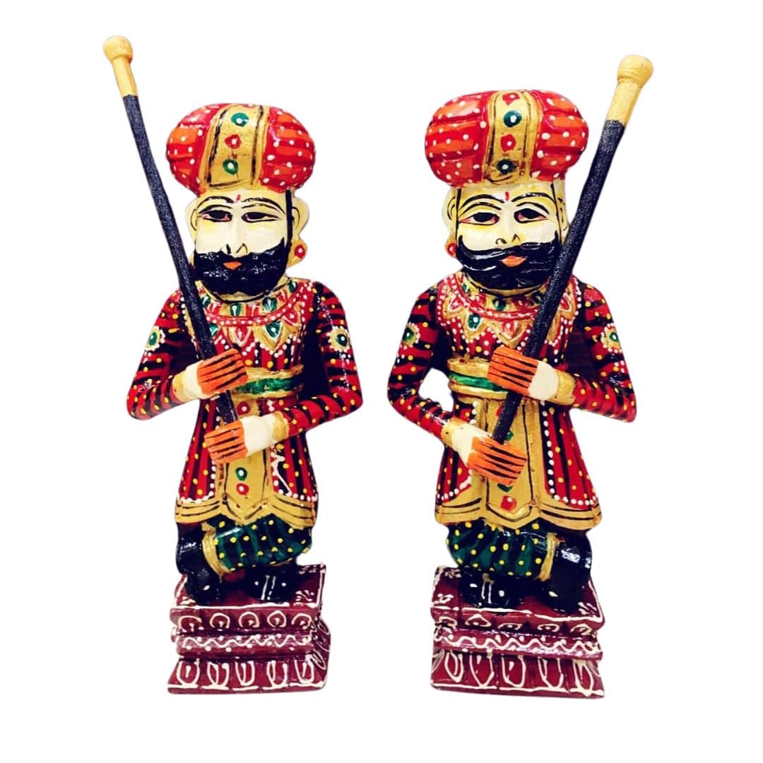 Pair of Rajasthani Handpainted Wooden Darban Statues - rear_view
