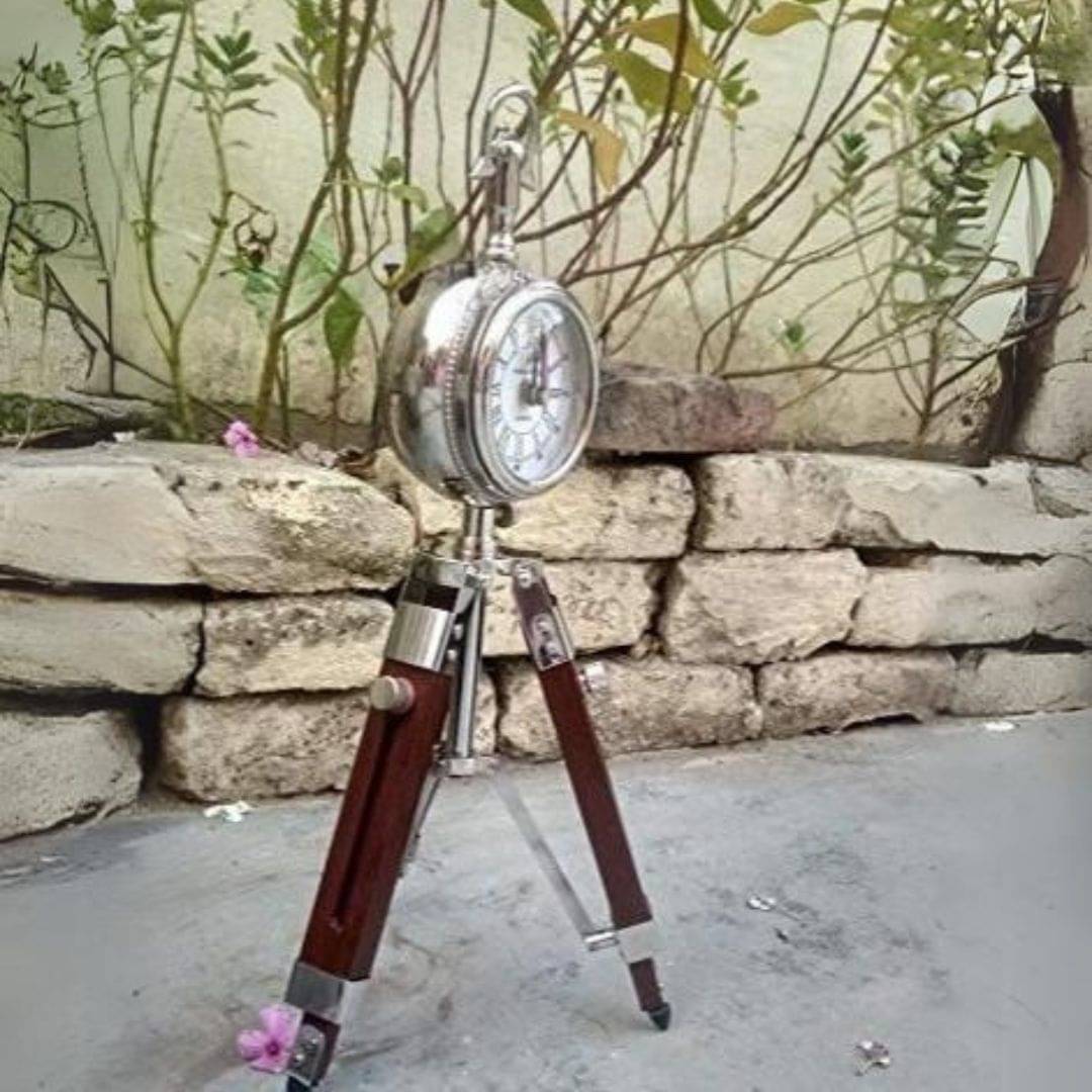 Adjustable Wooden Tripod Stand Desk Clock