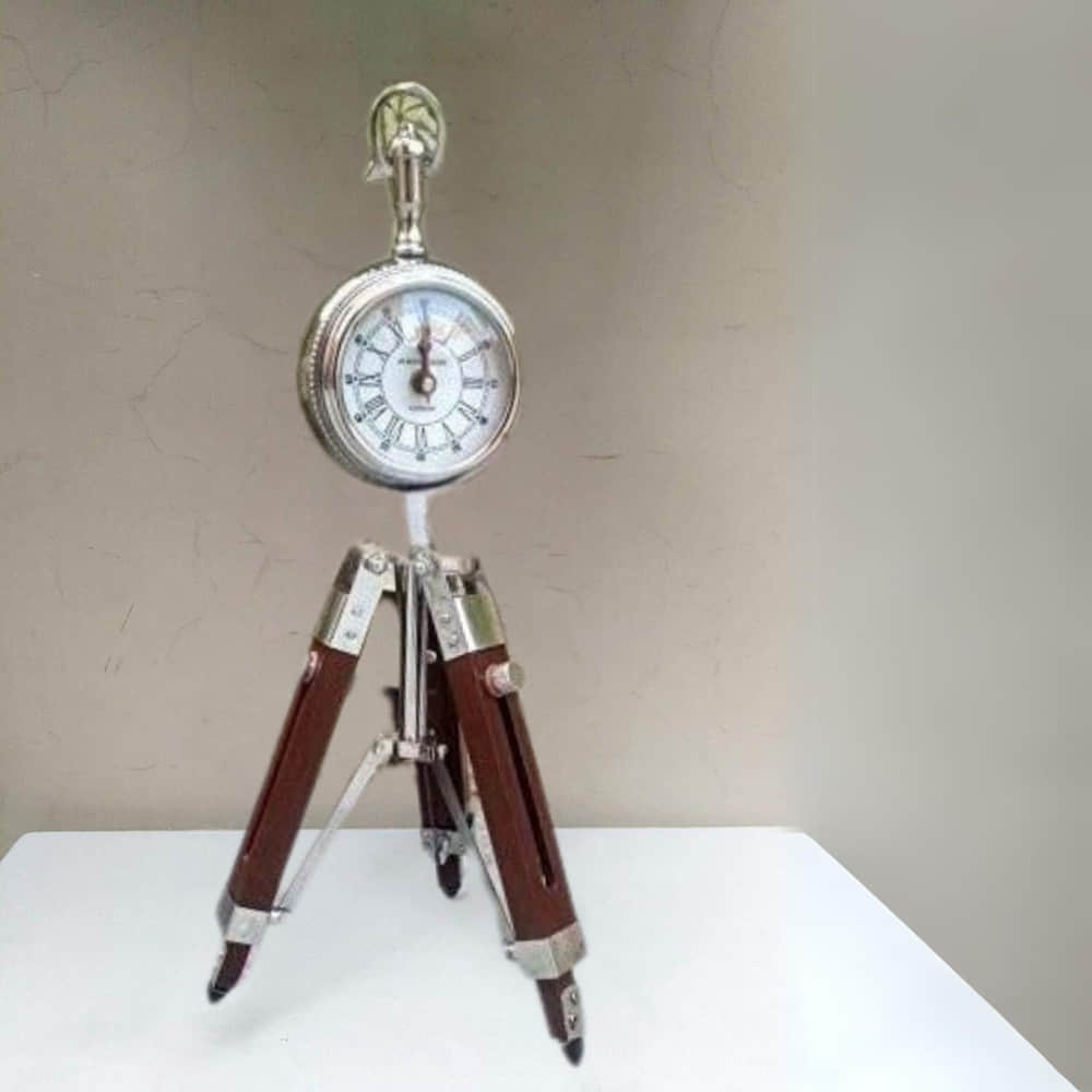 Adjustable Wooden Tripod Stand Desk Clock - photo