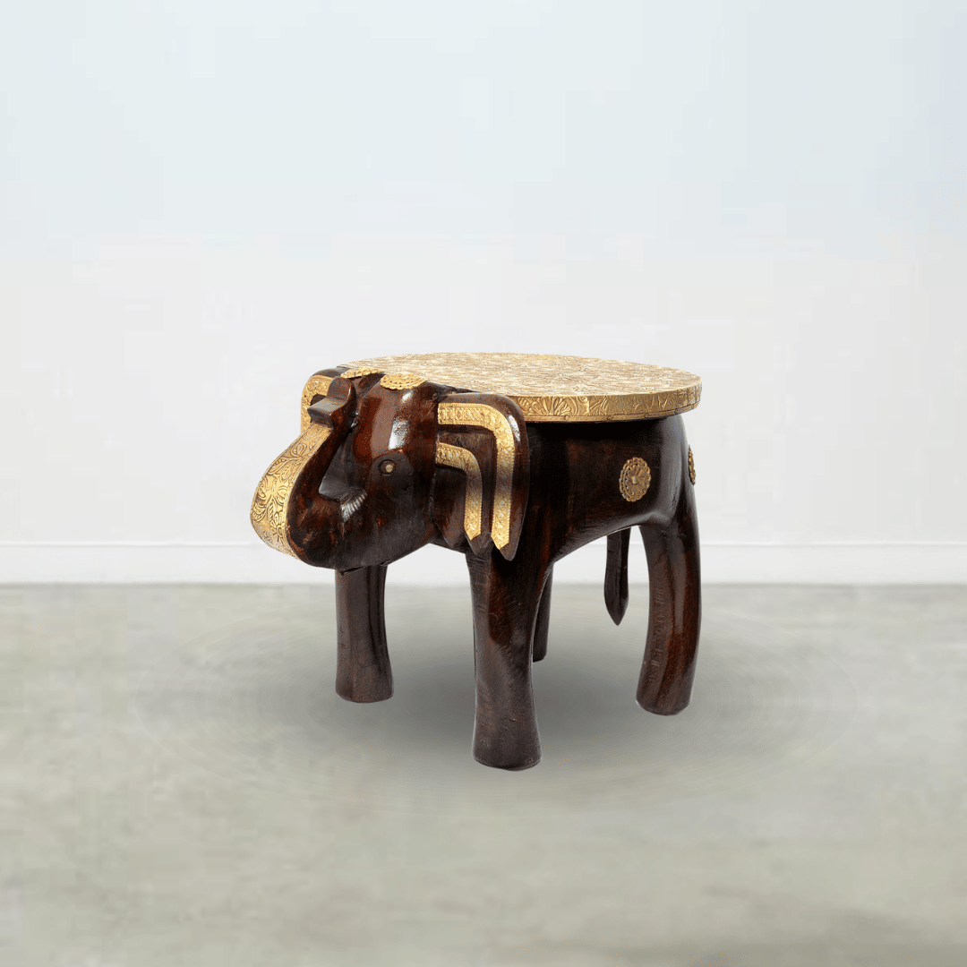 Brass-Fitted Elephant Design Sitting Stool