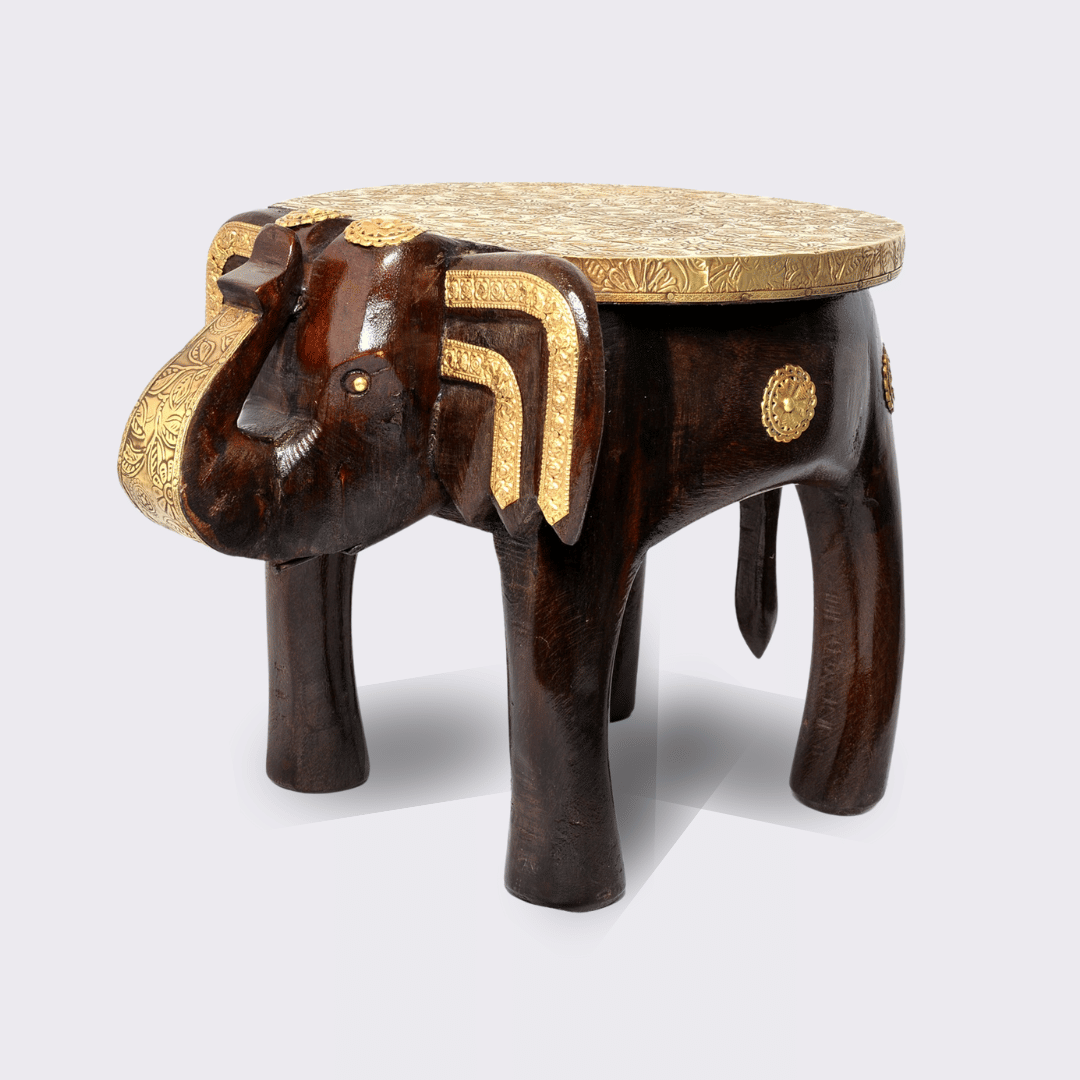 Brass-Fitted Elephant Design Sitting Stool
