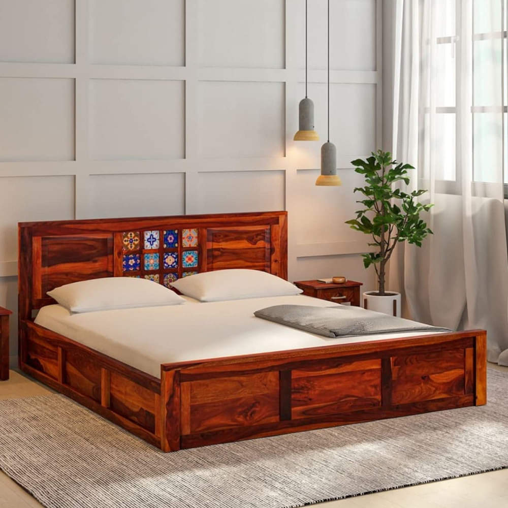 Hideki SHEESHAM WOOD KING SIZE BED WITH BOX STORAGE - photo