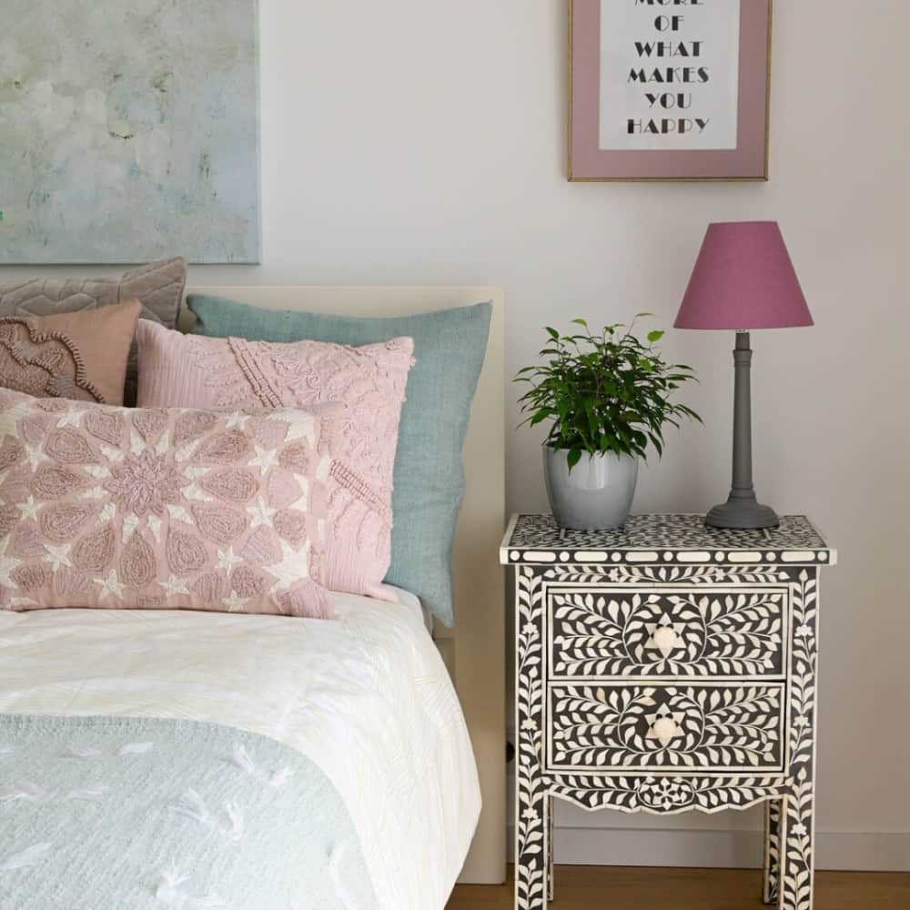 Bone Inlay 2 Drawers Floral Design Bedside Table - photo