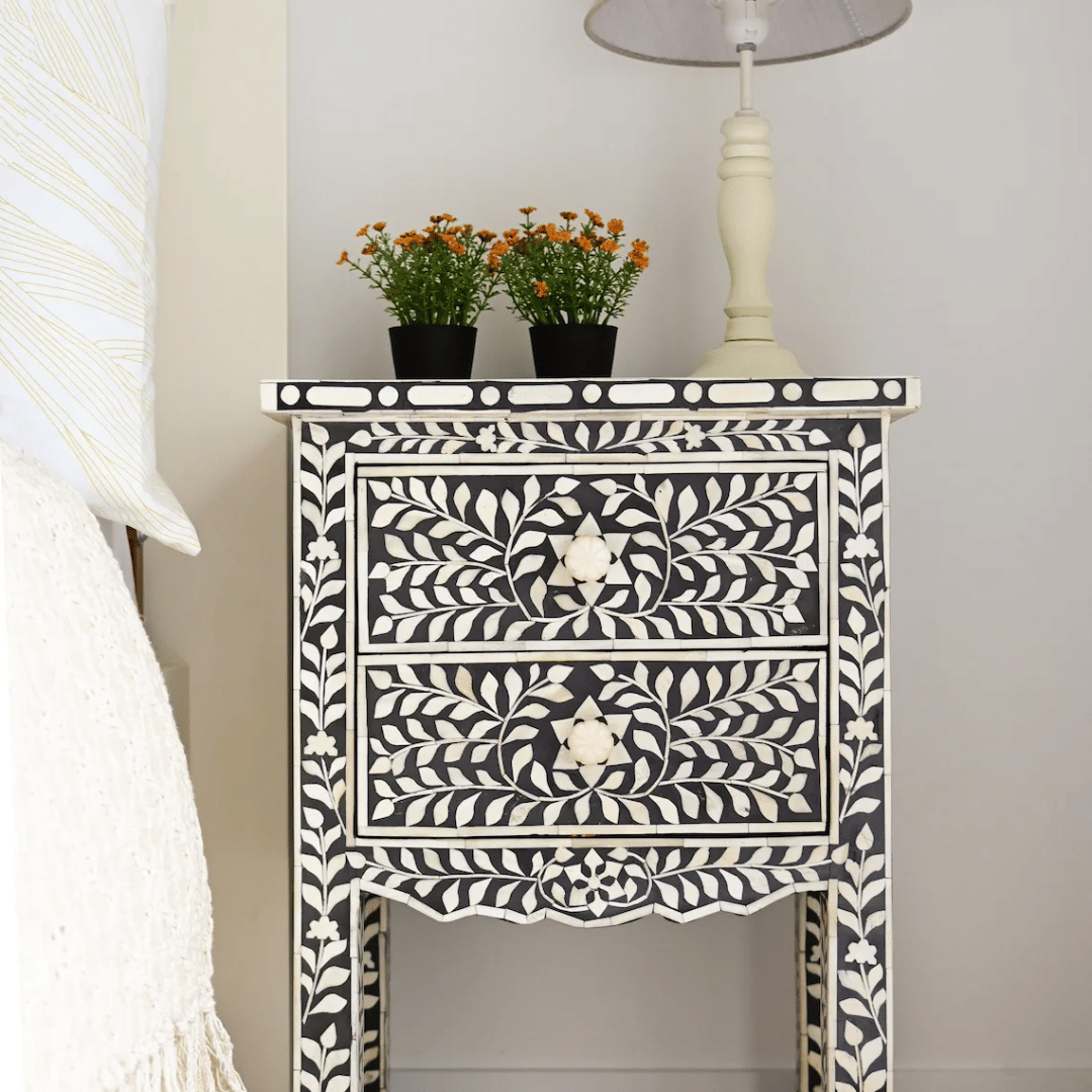 Bone Inlay 2 Drawers Floral Design Bedside Table