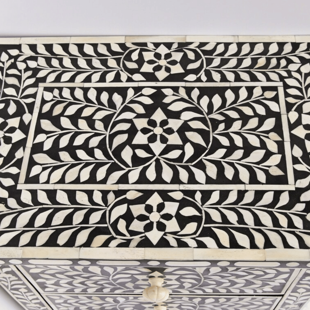 Bone Inlay 2 Drawers Floral Design Bedside Table - top_view