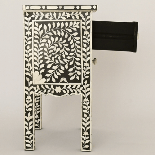 Bone Inlay 2 Drawers Floral Design Bedside Table