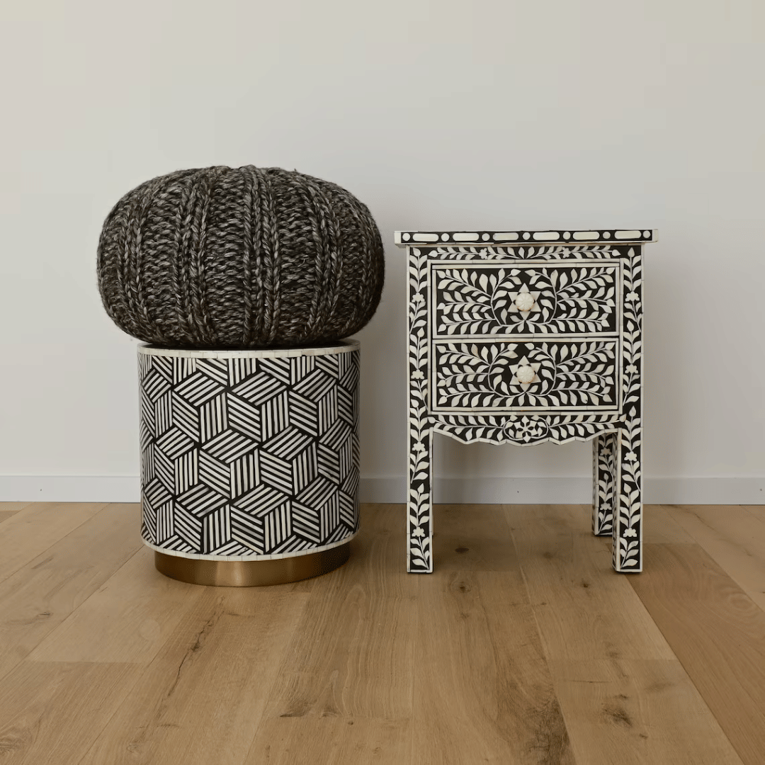 Bone Inlay 2 Drawers Floral Design Bedside Table