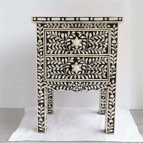 Bone Inlay 2 Drawers Floral Design Bedside Table