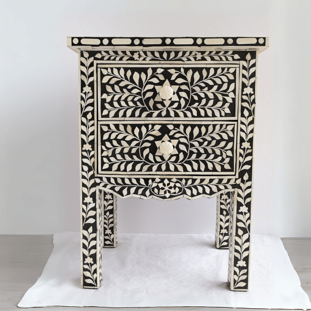 Bone Inlay 2 Drawers Floral Design Bedside Table
