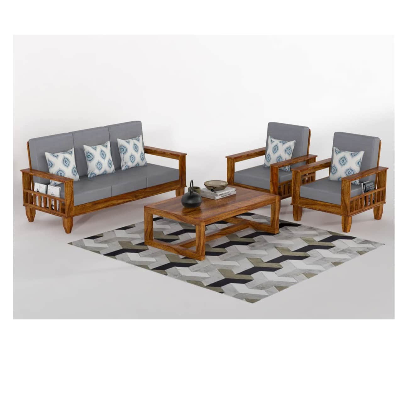 Neo Solid Sheesham Wood 5 Seater Sofa Set - front_view