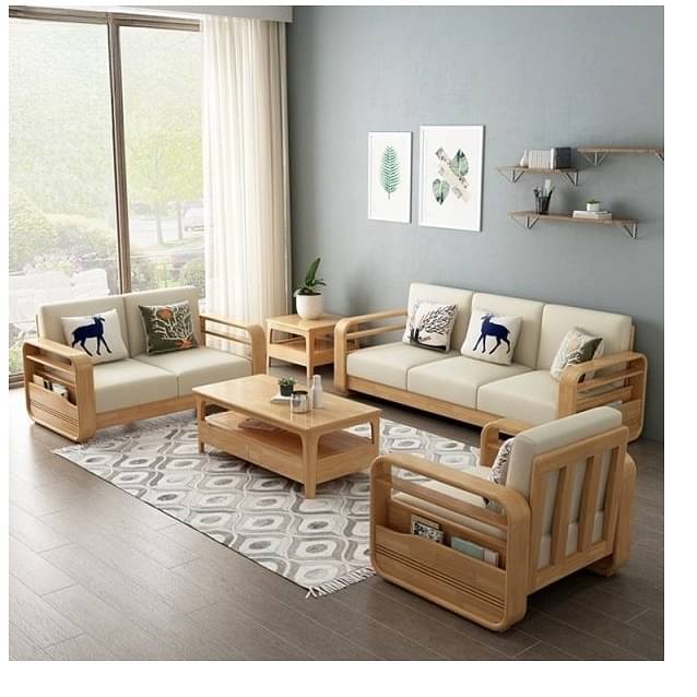 Scandinavian Beige Solid Mango Wood 5 Seater Sofa Set